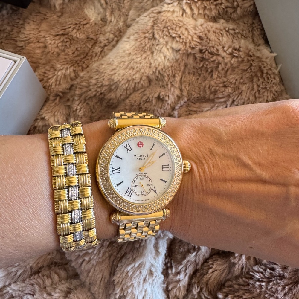Michele Caber Gold Tone Diamond Bezel MOP Dial 37mm Quartz Womens Watch - Picture 3 of 11